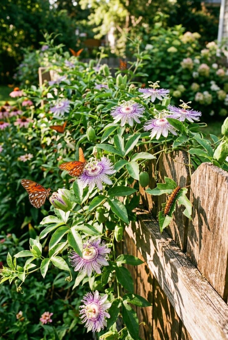 Wooden fence covered in maypop passionflower vine with fringed purple flowers and orange gulf fritillary butterflies