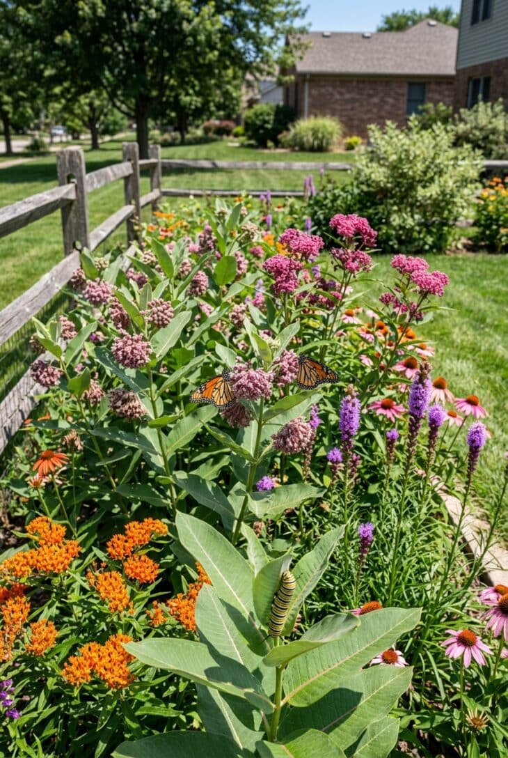 Sunny bed of pink and orange milkweeds with monarch butterflies feeding and a striped monarch caterpillar on a leaf