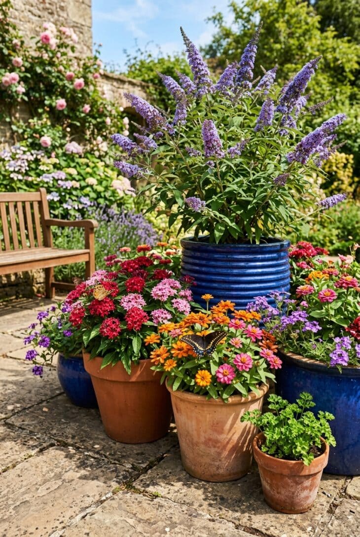 Patio pots of pentas, zinnias, trailing verbena, parsley and a blue butterfly bush with butterflies feeding