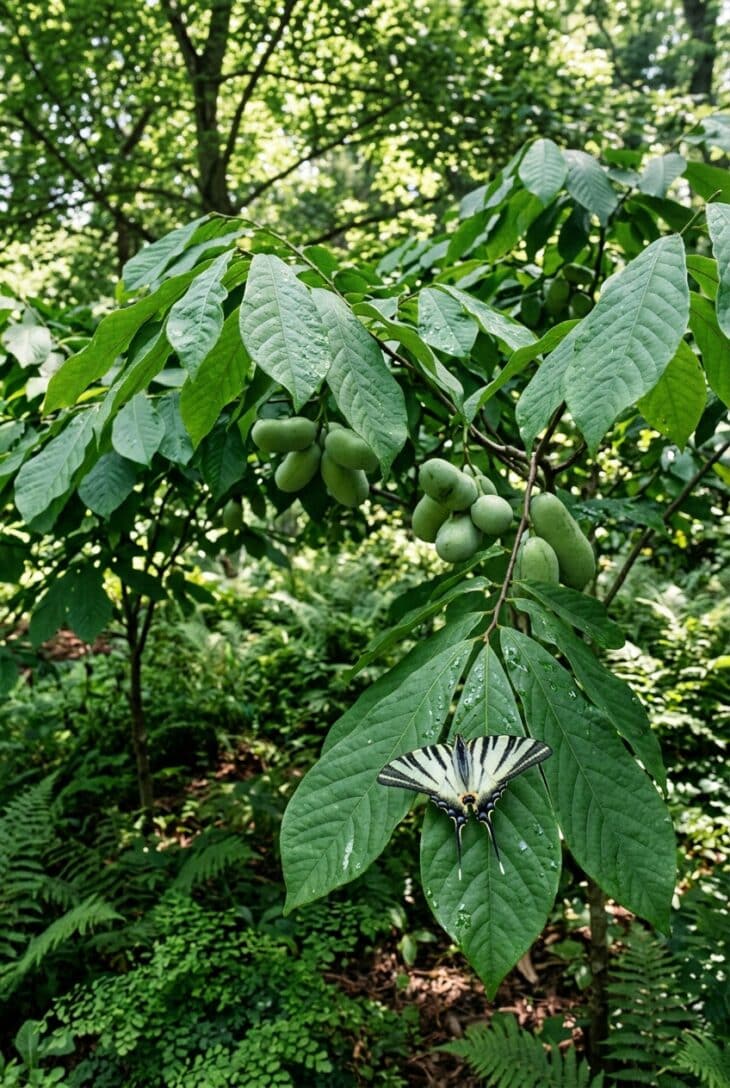 Grove of pawpaw trees with large drooping leaves and green fruit, a black-striped zebra swallowtail resting on a leaf