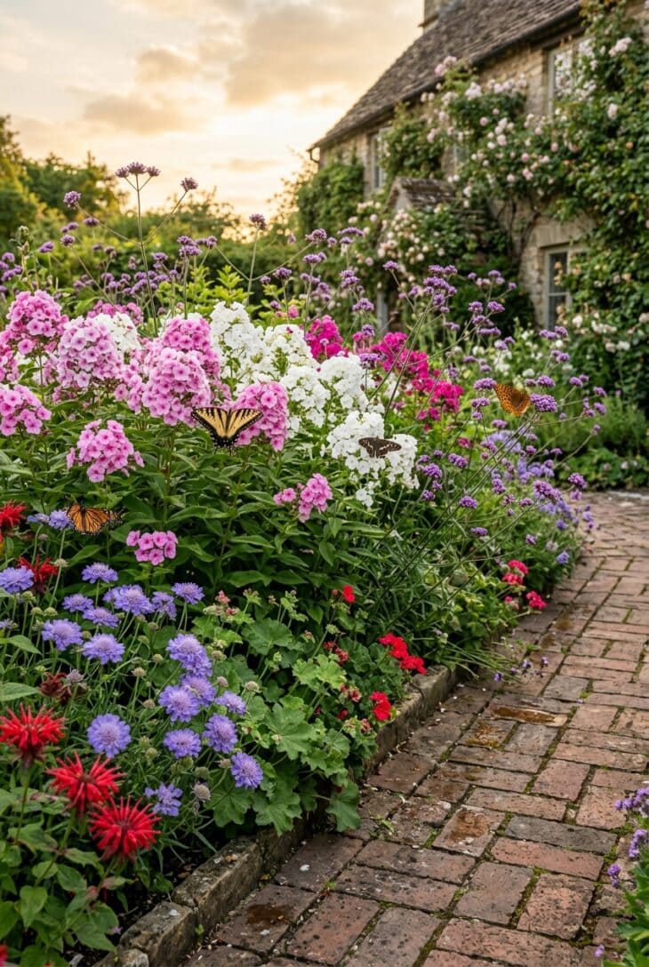 Cottage border of pink and white garden phlox, purple tall verbena and pincushion flowers with swallowtails feeding