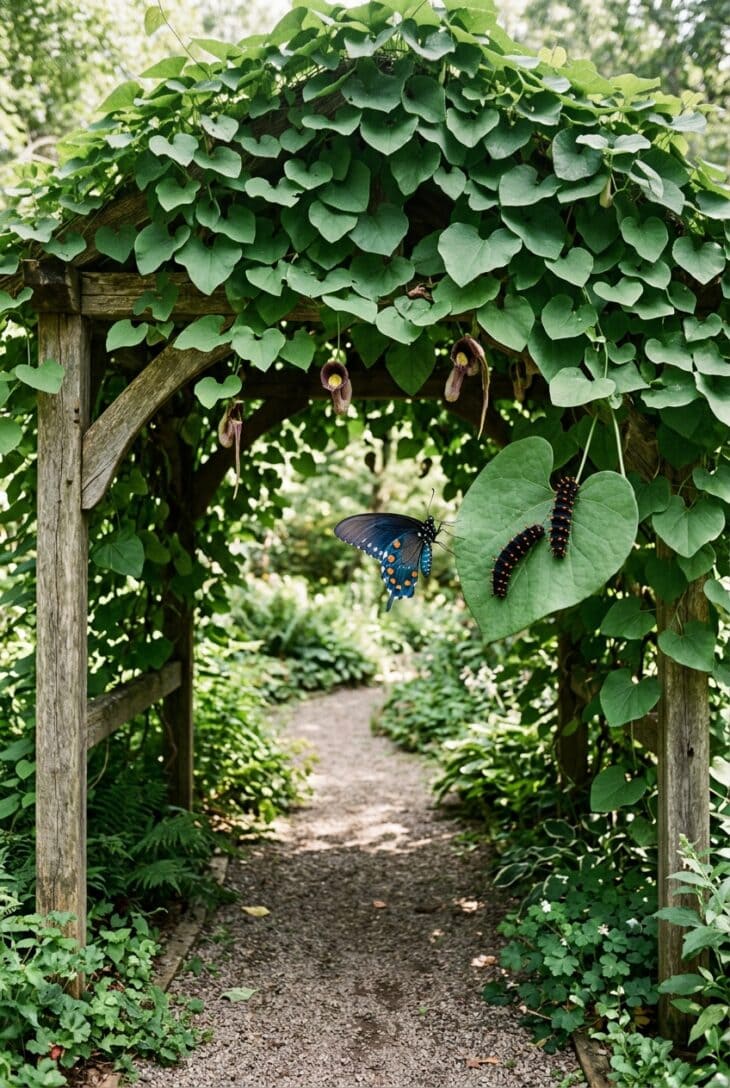 Wooden arbor covered in large heart-shaped Dutchman's pipe leaves with a blue-black pipevine swallowtail at the entrance