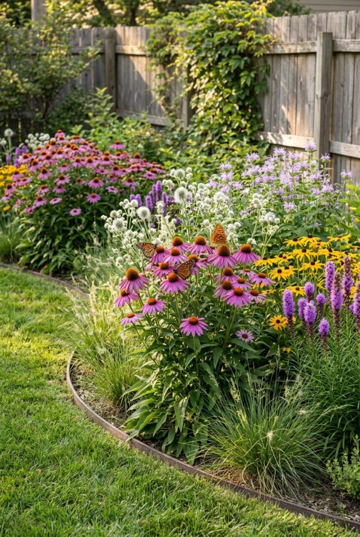 Curved prairie bed of coneflowers, blazing star, wild bergamot and rattlesnake master with butterflies on the flowers