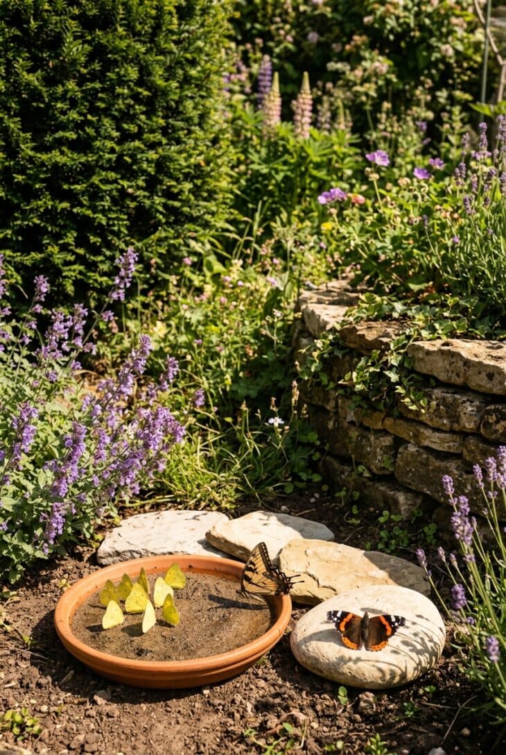 Butterflies drinking from a saucer of damp sand and basking on flat stones in a sheltered, sunny garden corner