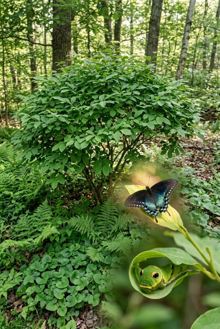 Spicebush shrub at a shady woodland edge with a spicebush swallowtail and an eyespotted green caterpillar on a leaf
