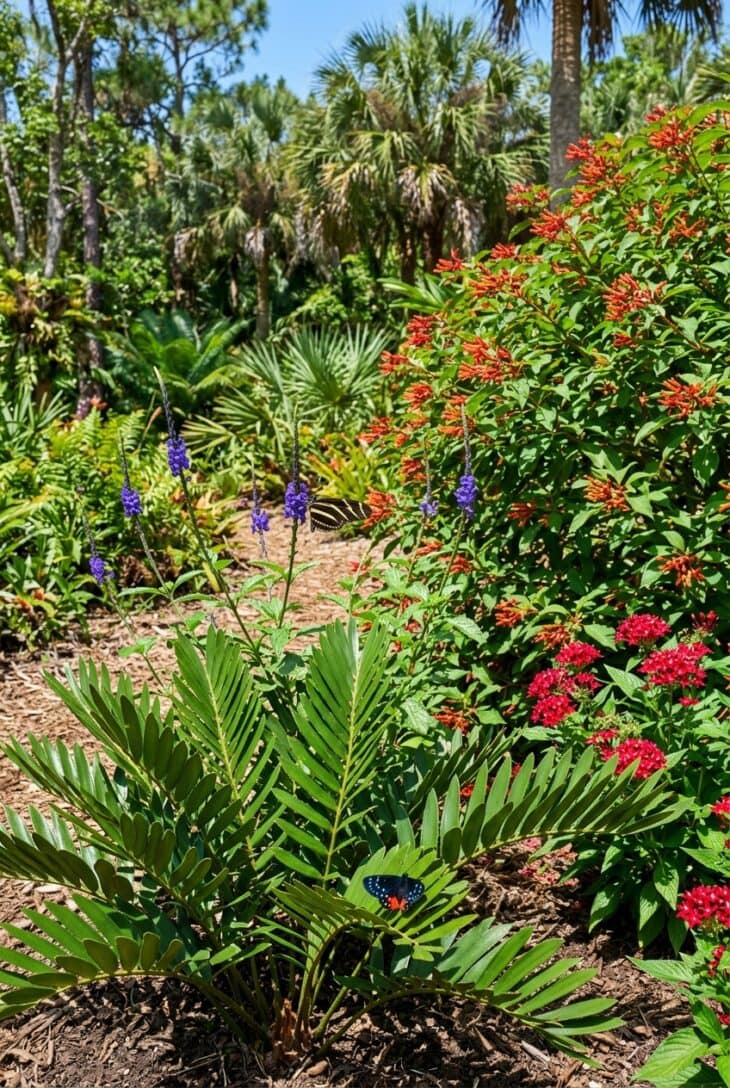Florida butterfly garden of red firebush, purple porterweed and coontie with a zebra longwing and an atala butterfly