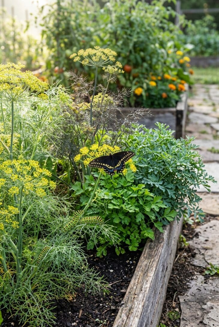 Dill, fennel and parsley in a herb bed with green-banded black swallowtail caterpillars feeding and an adult butterfly resting