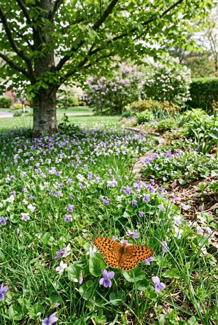 Lawn full of purple and white violets flowing into a border, with a small orange fritillary basking among them