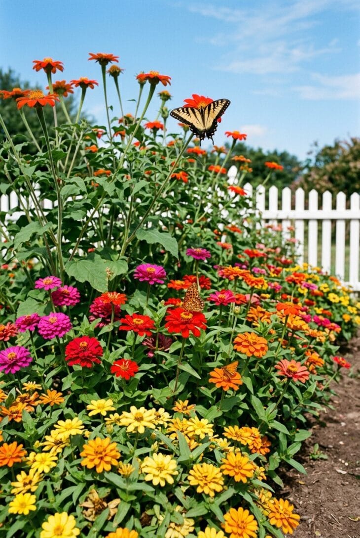 Bed of orange Mexican sunflowers and magenta, scarlet and orange zinnias with a tiger swallowtail and fritillaries feeding