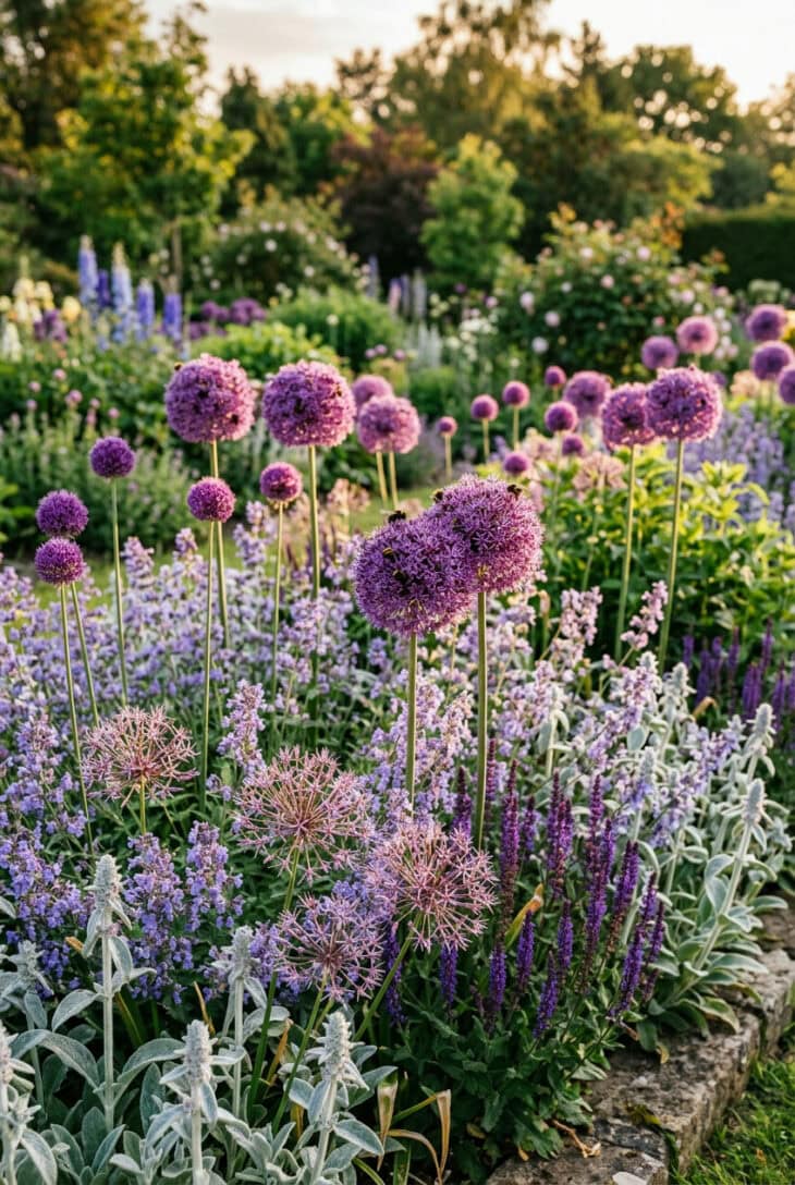 Purple allium globes on tall stems rising above lavender-blue catmint in a sunny late-spring border