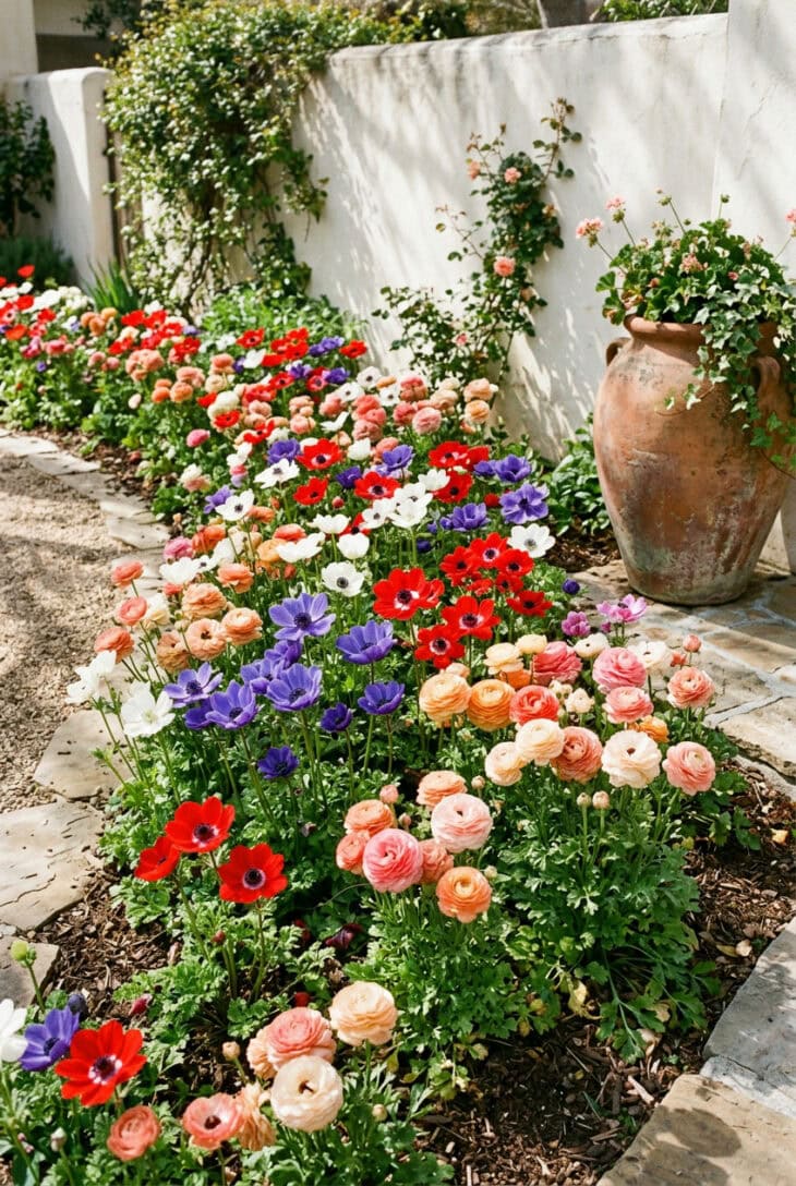 Sunny bed of red, blue and white poppy anemones and apricot and pink ranunculus in front of a white stucco wall