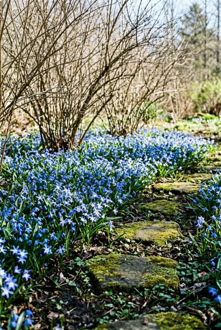 Dense carpet of tiny blue Siberian squill and glory-of-the-snow flowers under bare shrubs around stepping stones
