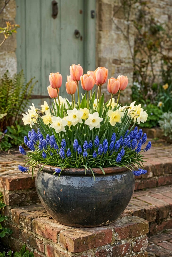Large gray glazed pot planted with apricot tulips, white daffodils and blue grape hyacinths on a brick doorstep