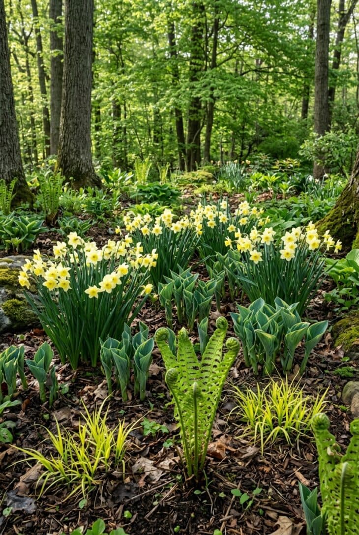 Pale yellow daffodils blooming among unfurling hosta leaves and ostrich fern fiddleheads in dappled shade