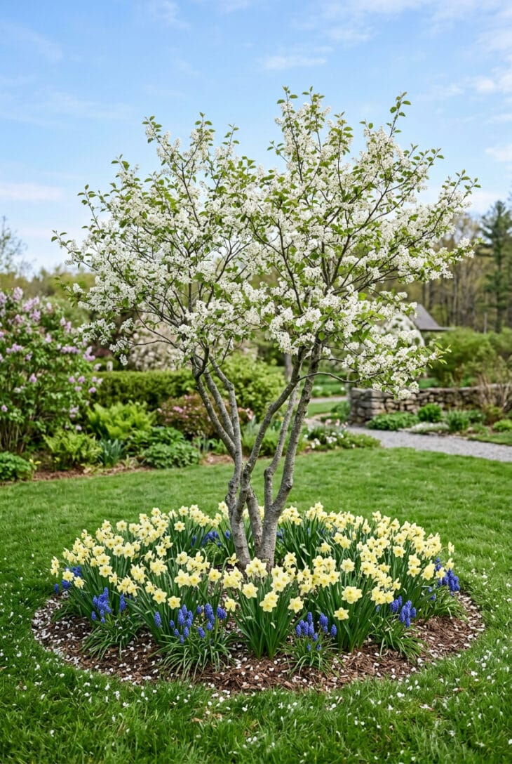 Serviceberry tree in white blossom with a ring of pale yellow daffodils and blue grape hyacinths around its base