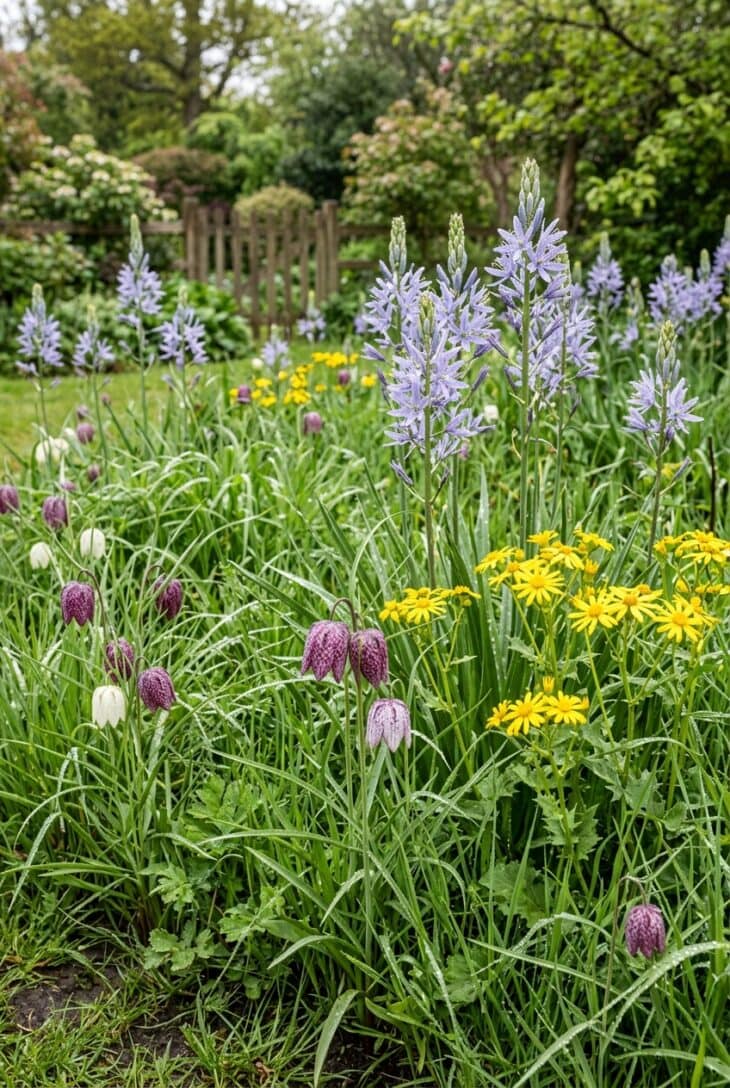 Pale blue camassia spires and checkered snake's head fritillaries in a damp spring meadow