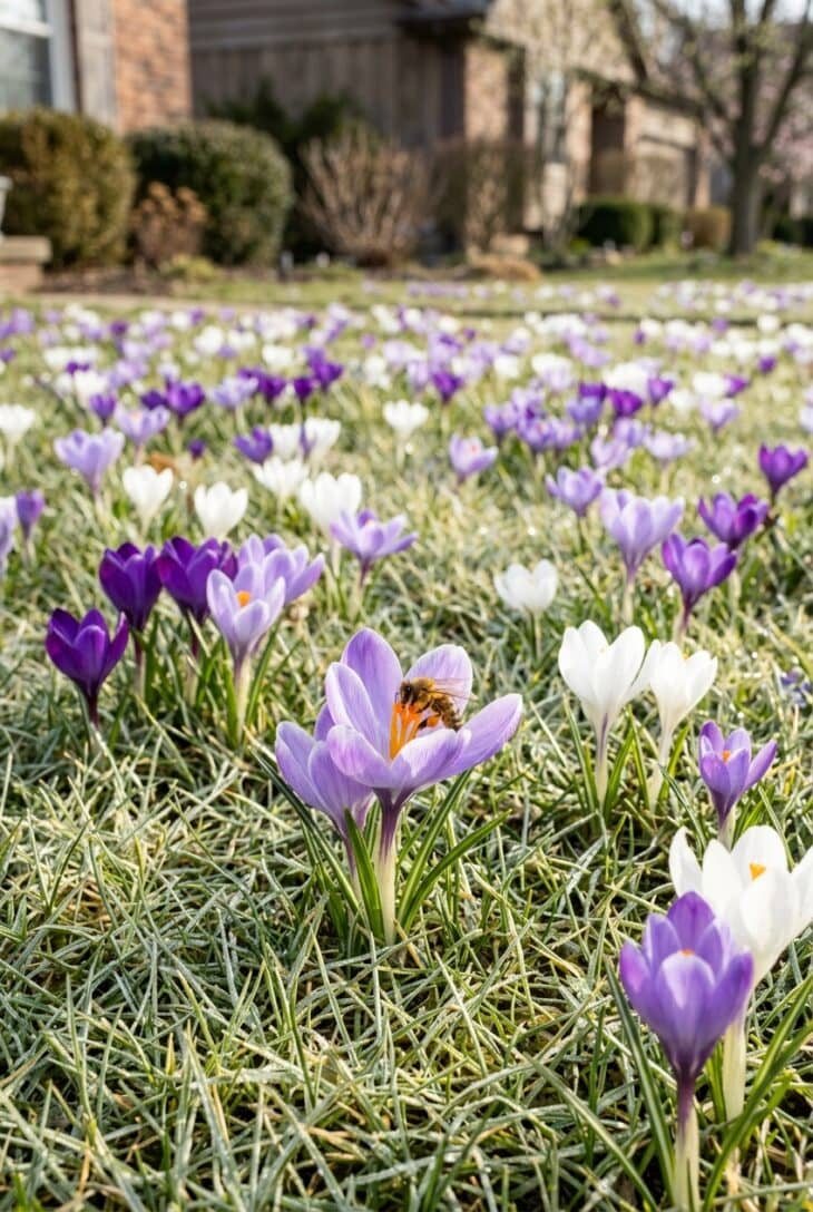 Lawn scattered with open lavender, violet and white crocus flowers with a honeybee in early spring