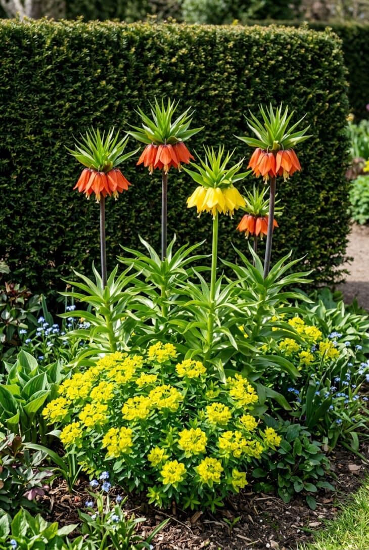 Tall orange and yellow crown imperial fritillaries with leafy topknots in front of a dark evergreen hedge