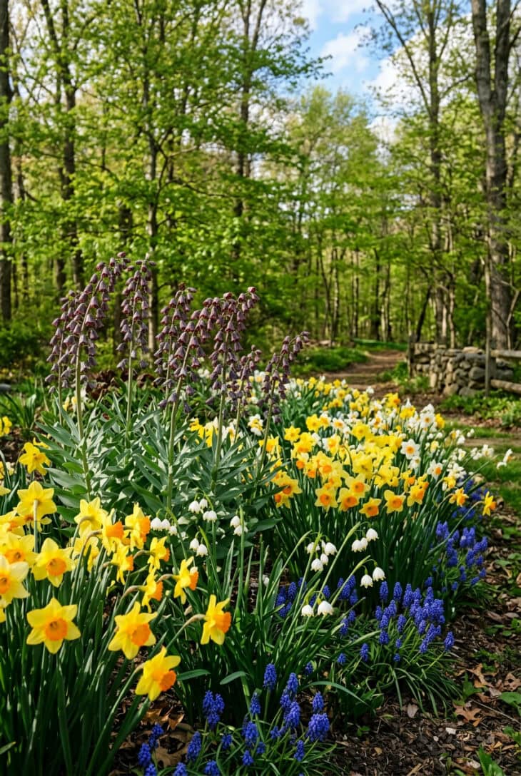 Border of daffodils, snowflakes, grape hyacinths and plum-colored Persian fritillaries at the edge of a wood