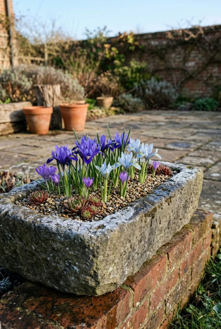 Stone trough of violet and pale blue dwarf irises with yellow markings in gravel mulch on a patio in early spring