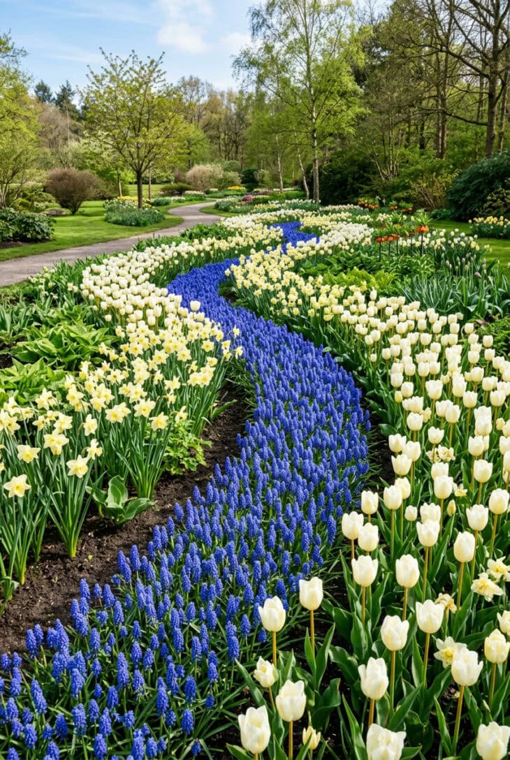 Winding ribbon of blue grape hyacinths flowing between white tulips and pale yellow daffodils in a spring border
