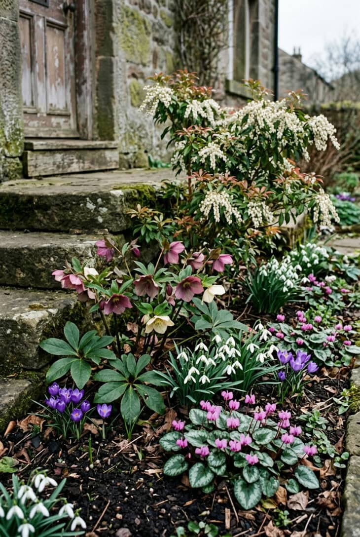Plum and cream hellebores with snowdrops, crocus and pink cyclamen beside a stone back step in early spring