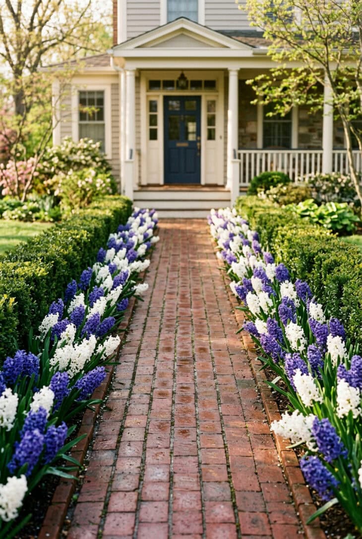 Brick front walk edged on both sides with blue and white hyacinths and low boxwood in spring