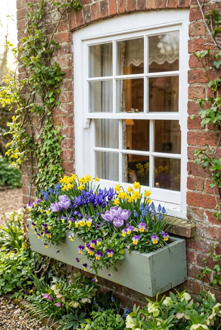Sage-green window box filled with miniature daffodils, dwarf iris, crocus and grape hyacinths under a window