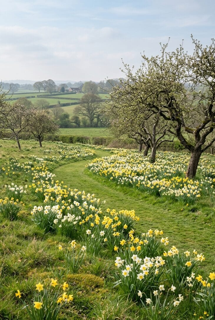 Drifts of naturalized yellow and white daffodils in long grass under old apple trees with a mown path