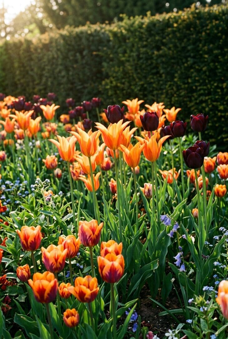 Mixed bed of glowing orange lily-flowered tulips and near-black maroon tulips lit by late afternoon sun