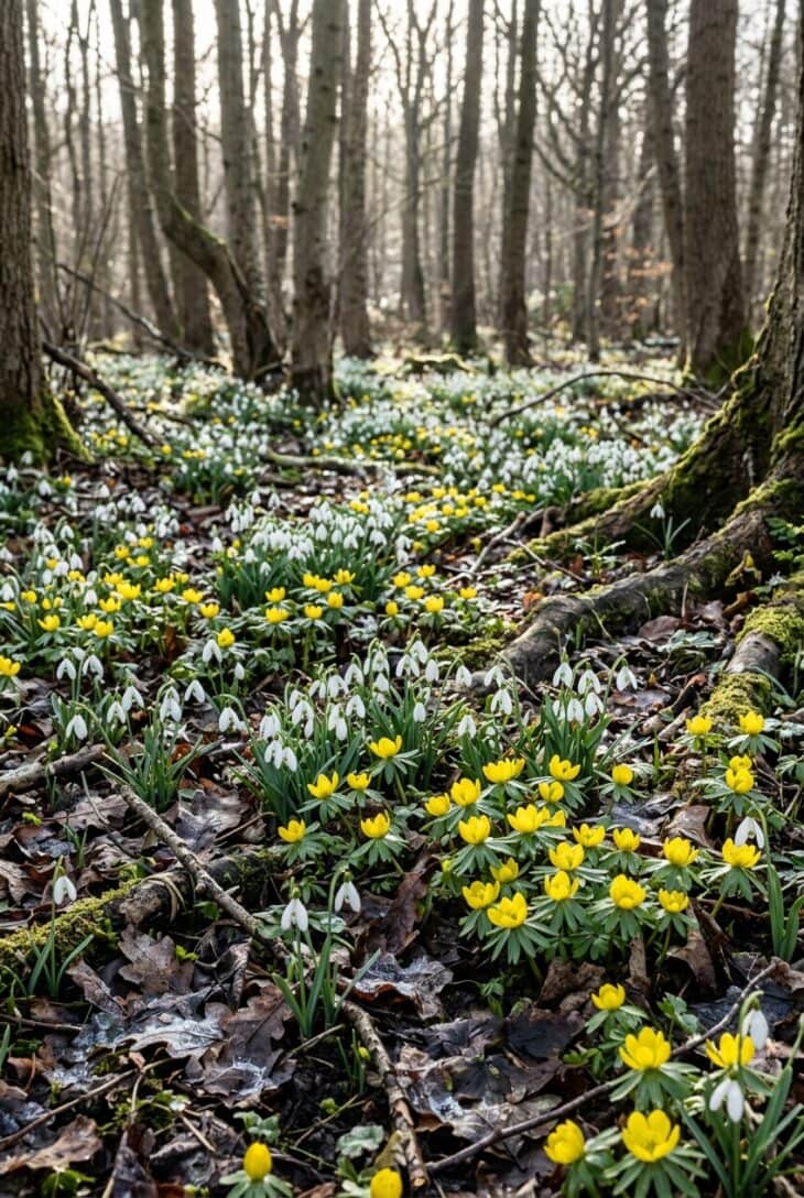 Woodland floor under bare trees carpeted with white snowdrops and yellow winter aconites in late winter