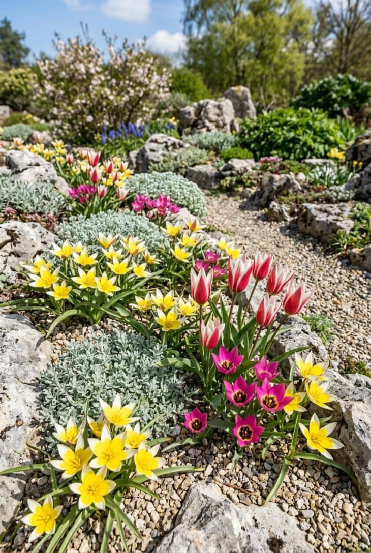 Small yellow, magenta and red-and-white species tulips opening among limestone rocks and gravel in a sunny rock garden