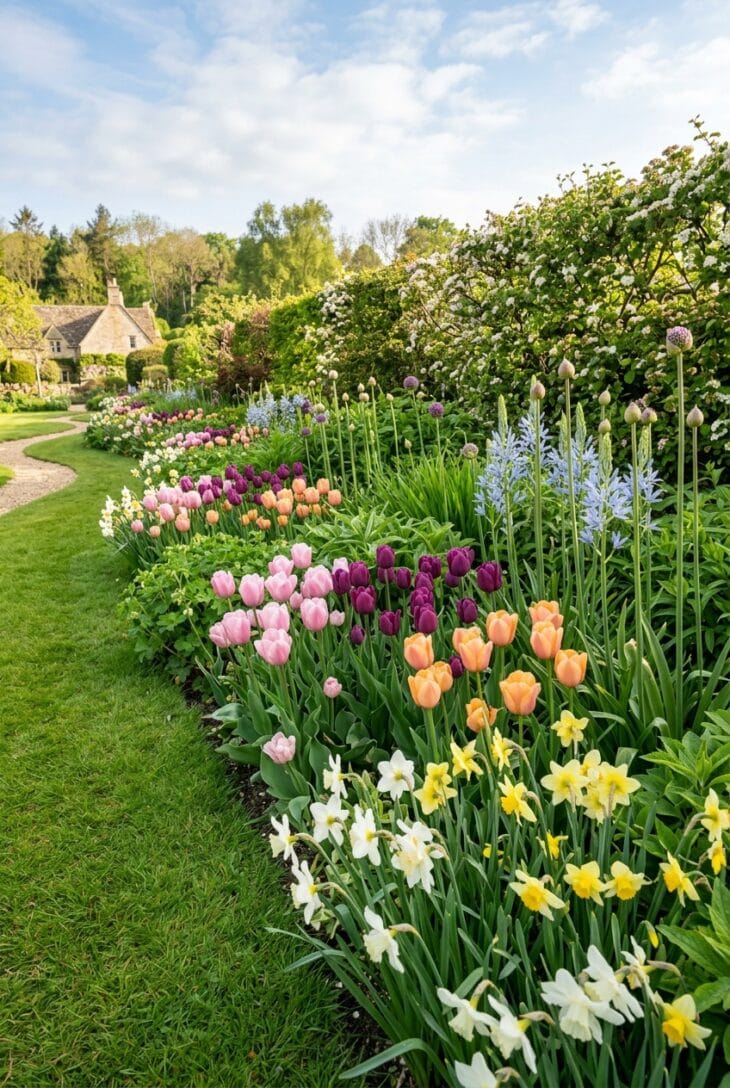 Wide sunny spring border with daffodils, pink and purple tulips and blue camassia spires among fresh perennial foliage