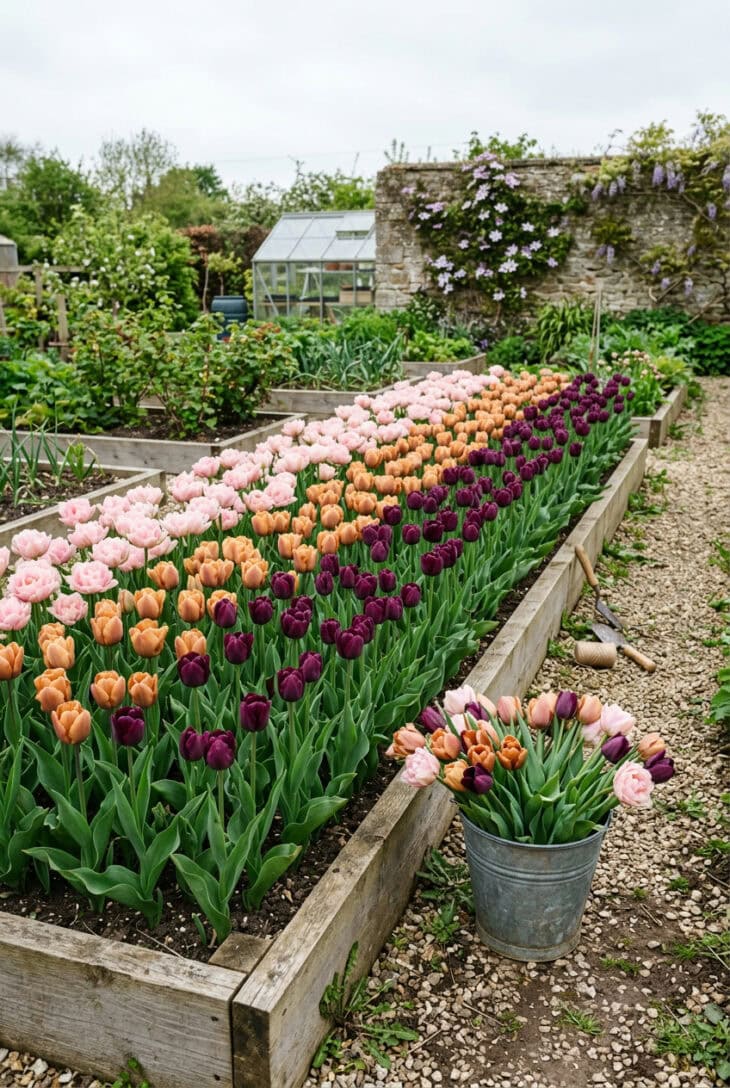 Raised wooden bed packed with rows of pink, apricot, copper and purple tulips beside a bucket of cut stems