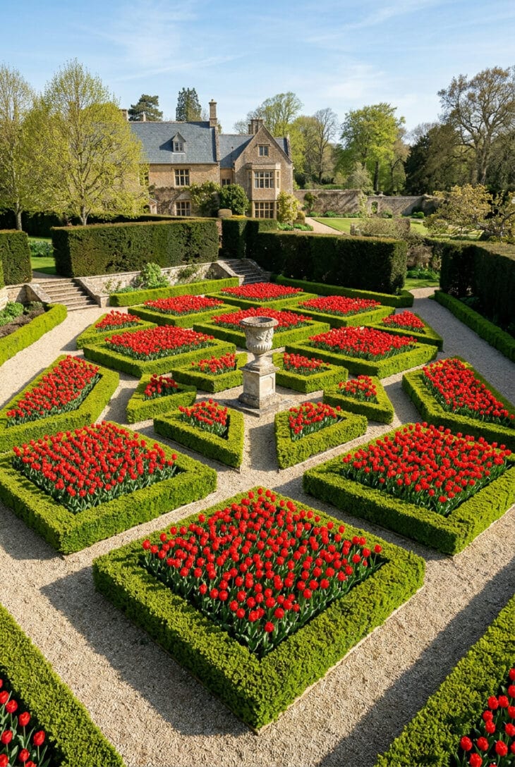 Formal parterre of low clipped boxwood hedges filled with solid beds of red tulips around a stone urn