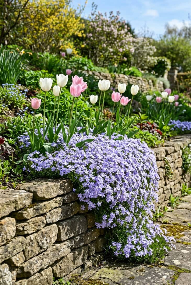 White and pink tulips rising through a mat of lavender-blue creeping phlox spilling over a low stone wall