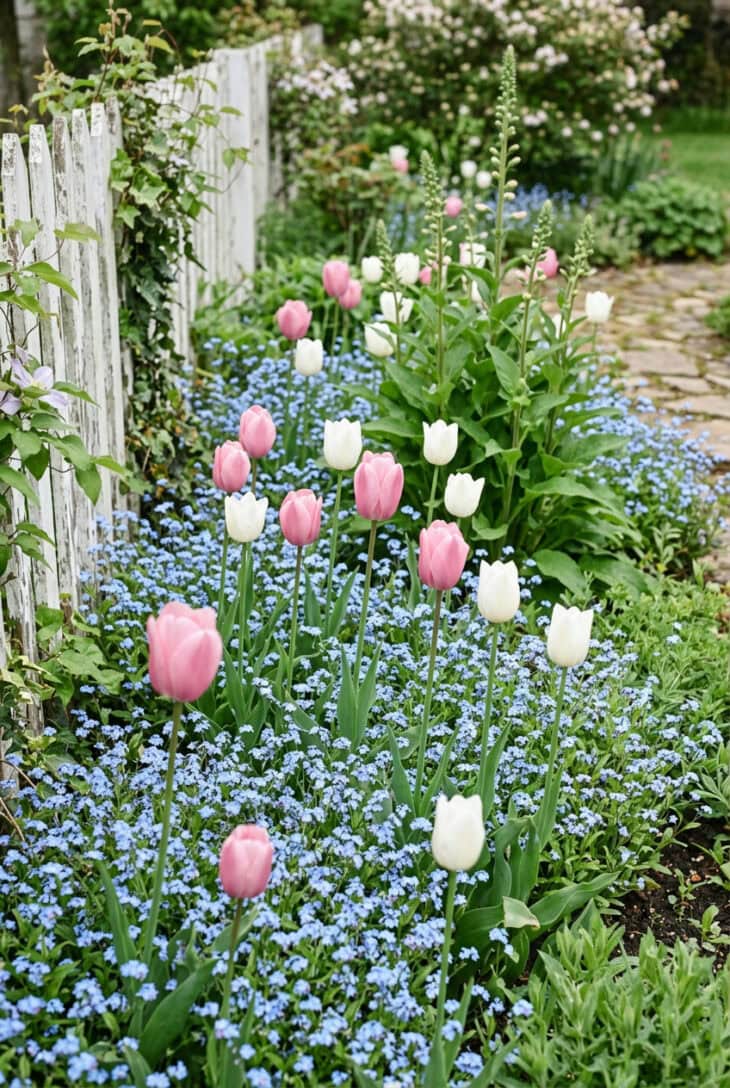 Soft pink and white tulips rising from a haze of sky-blue forget-me-nots beside a picket fence