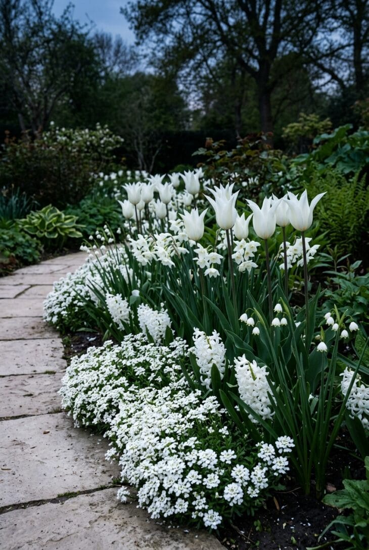 White lily-flowered tulips, white narcissus and snowflakes with white candytuft edging glowing at dusk