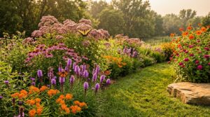 Late-summer butterfly garden of blazing star, coneflowers and Joe Pye weed with monarchs and a tiger swallowtail feeding