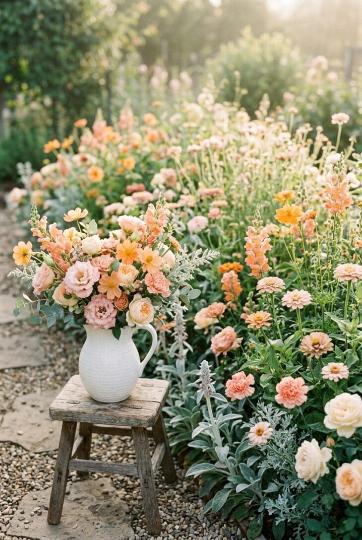 Cutting bed of blush lisianthus, apricot cosmos, peach snapdragons and cream roses with a matching bouquet