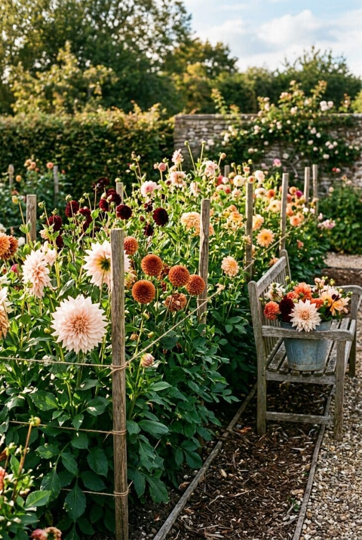 Staked dahlia bed in blush, bronze, burgundy and apricot with a bucket of cut dahlias on a bench
