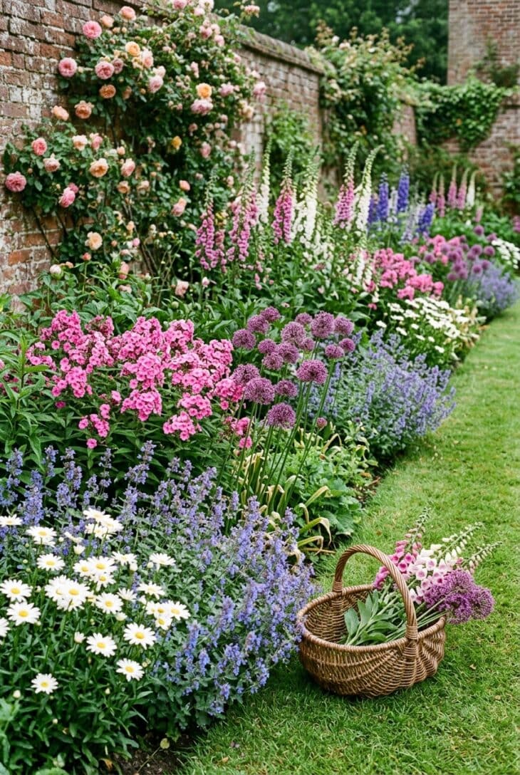 Deep cottage border of foxgloves, alliums, phlox and daisies with a basket of cut stems on the lawn