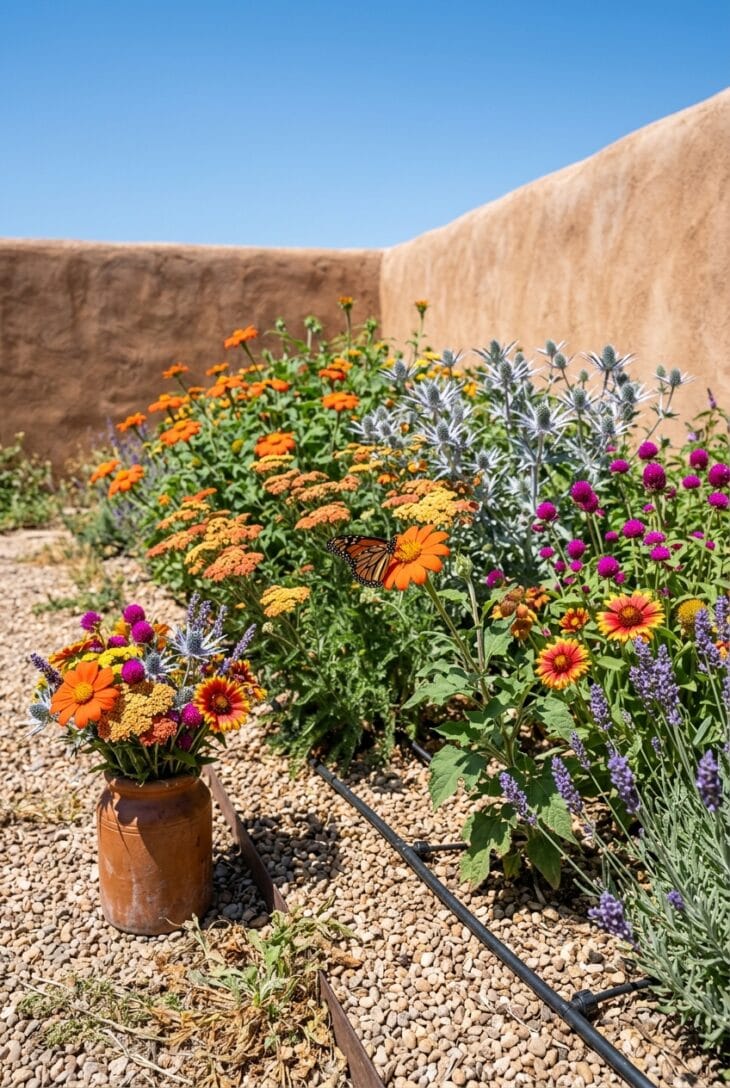 Gravel-mulched bed of Mexican sunflowers, yarrow, sea holly and globe amaranth against an adobe wall