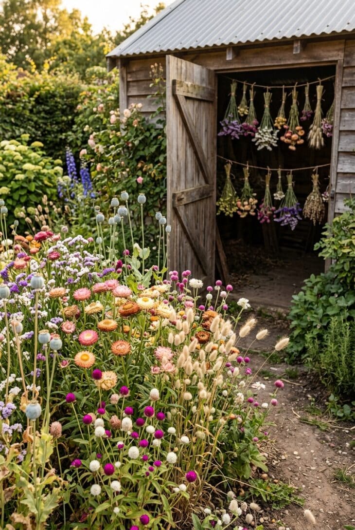 Patch of strawflowers, globe amaranth, statice and poppy seed pods, with bunches drying in a shed behind