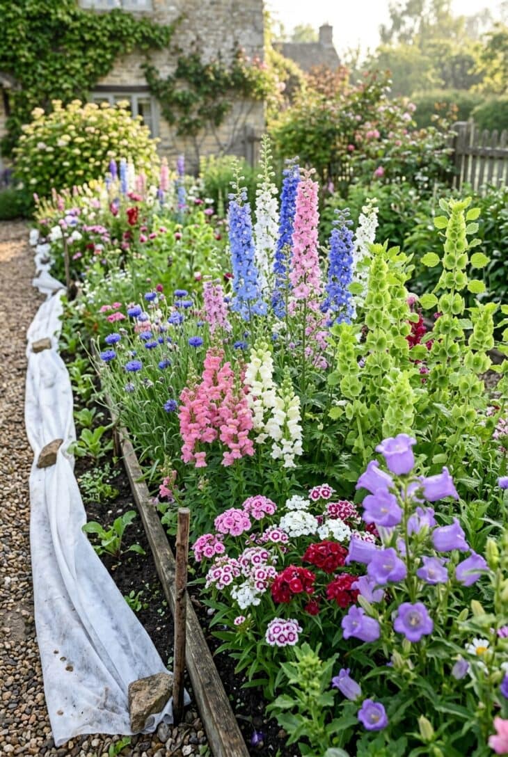 Spring bed of larkspur, snapdragons, bachelor's buttons, bells of Ireland and Canterbury bells