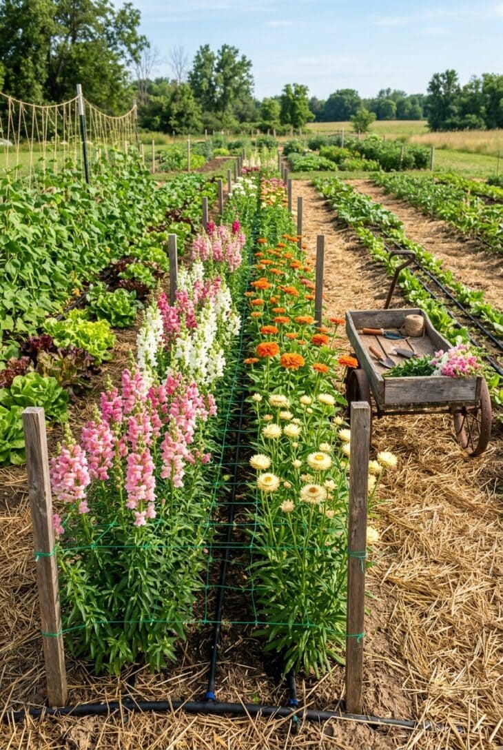 Rows of snapdragons, zinnias and strawflowers supported by green netting beside vegetable rows