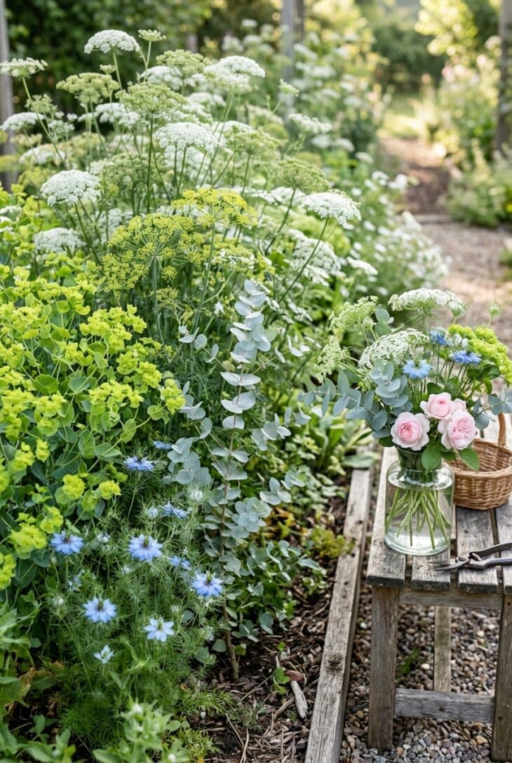 Bed of white lace flowers, dill, eucalyptus, bupleurum and love-in-a-mist grown as bouquet filler