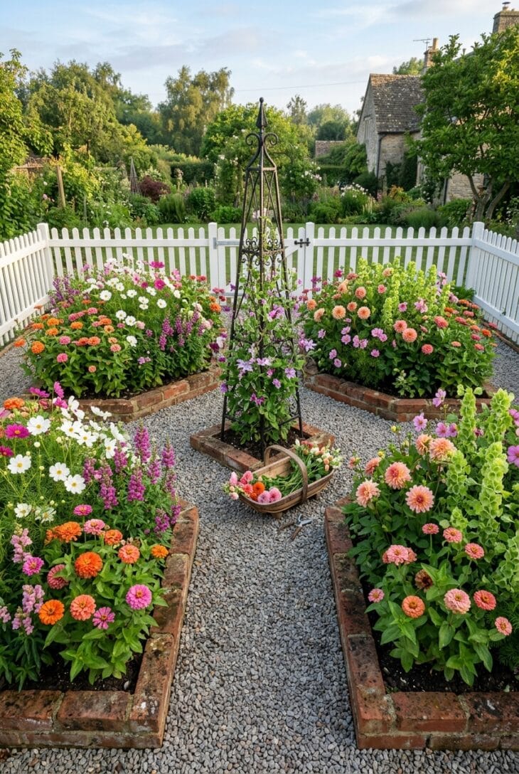 Four brick-edged beds of zinnias, cosmos, snapdragons and dahlias around an iron obelisk inside a picket fence
