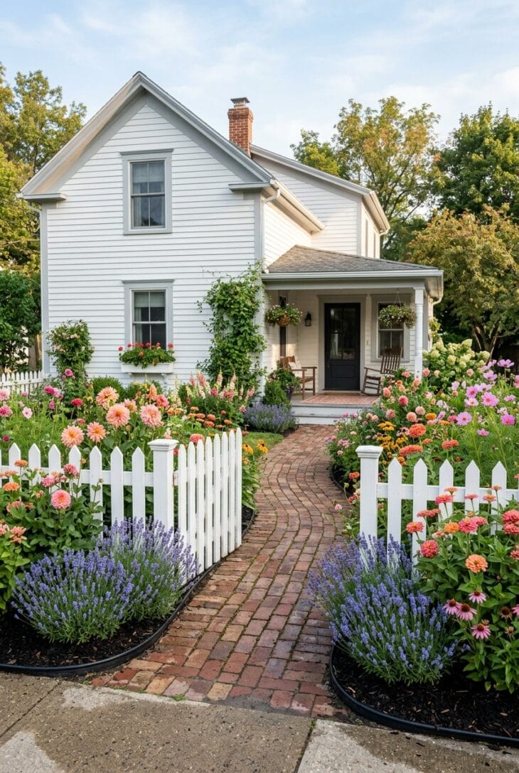 Front yard with beds of dahlias, zinnias and cosmos edged in lavender beside a brick path and picket fence