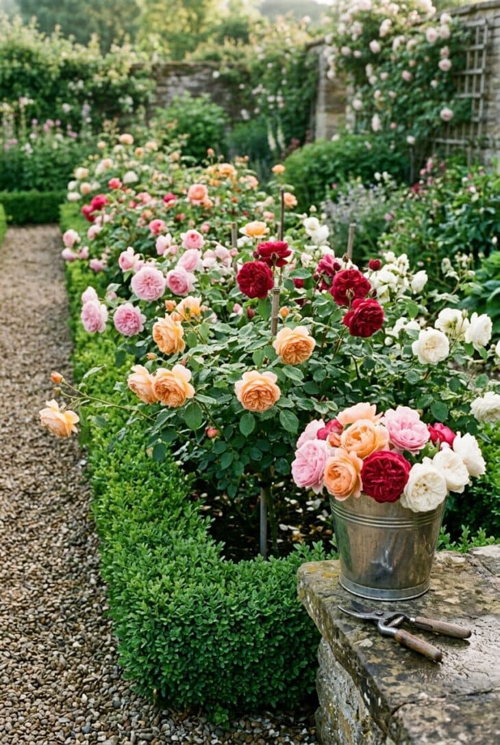 Bed of apricot, pink, crimson and cream English-style roses edged with boxwood, with a pail of cut roses